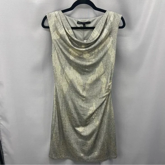 NWT White House Black Market Gray Gold Metallic Drape Neck Shine Dress Size 6 - Picture 2 of 10